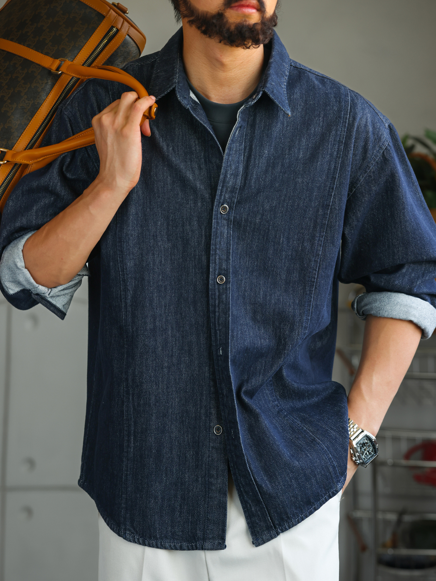 【原色丹寧】酵素水洗棉質牛仔長袖襯衫男士休閒商務襯衣