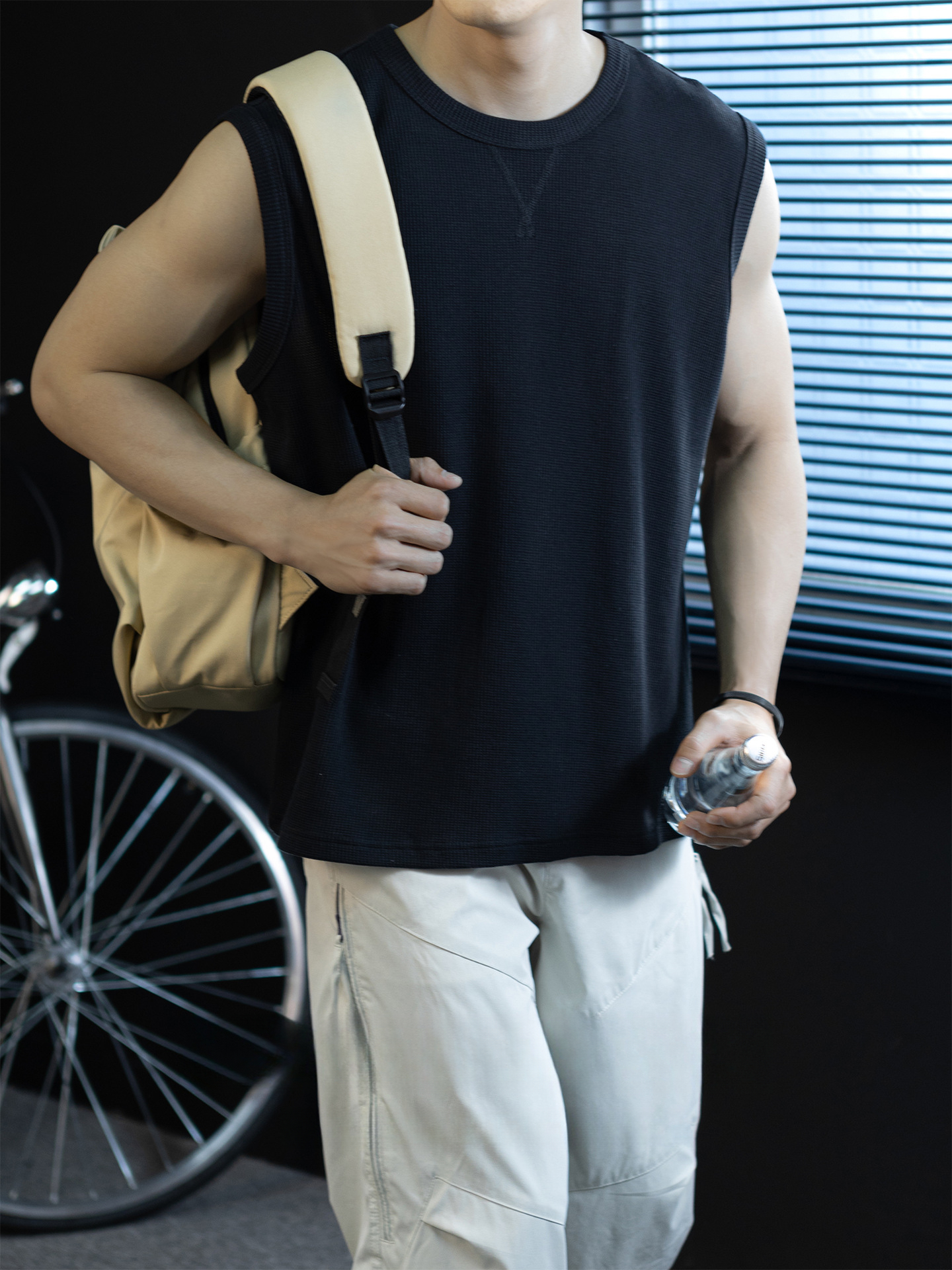 【極簡三角設計】240g華夫格肌理無袖背心男夏季舒適抗菌坎肩t桖