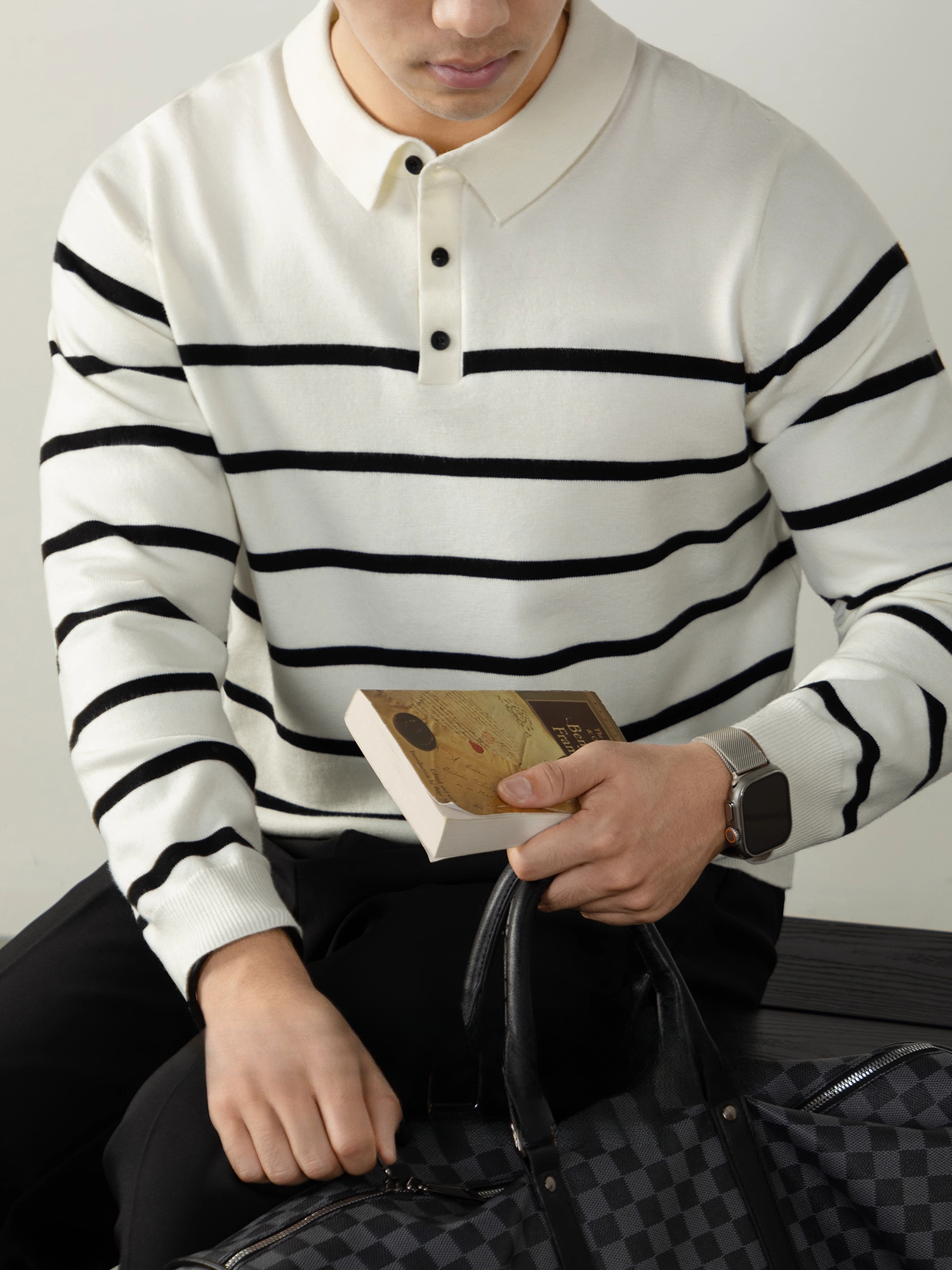 【羊毛莫代爾】舒適親膚條紋毛衣男時尚質感紐扣翻領針織衫高級感