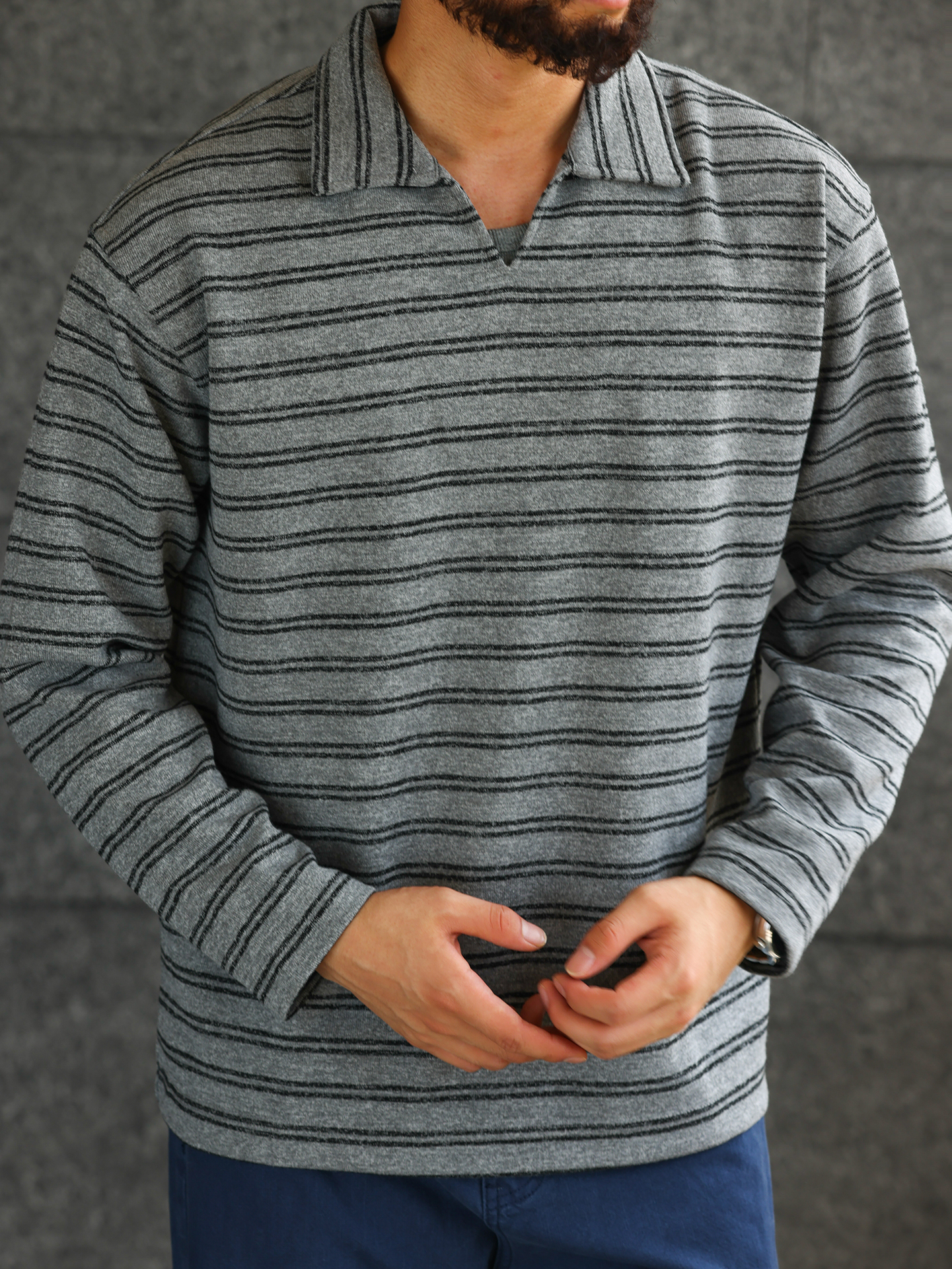 【雲感生活】花紗織造條紋V領POLO衫男抗皺打底衫長袖T恤