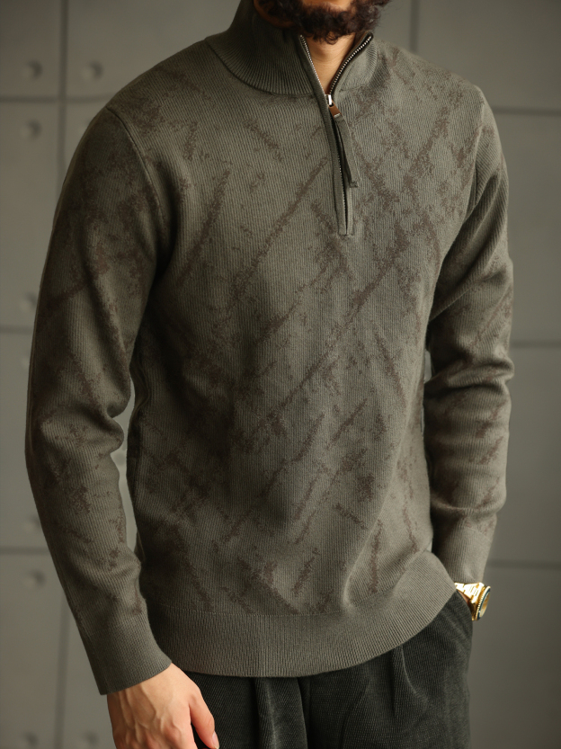 【智感鬆弛】格調花紋半高領針織衫男士拉鍊套頭打底毛衣