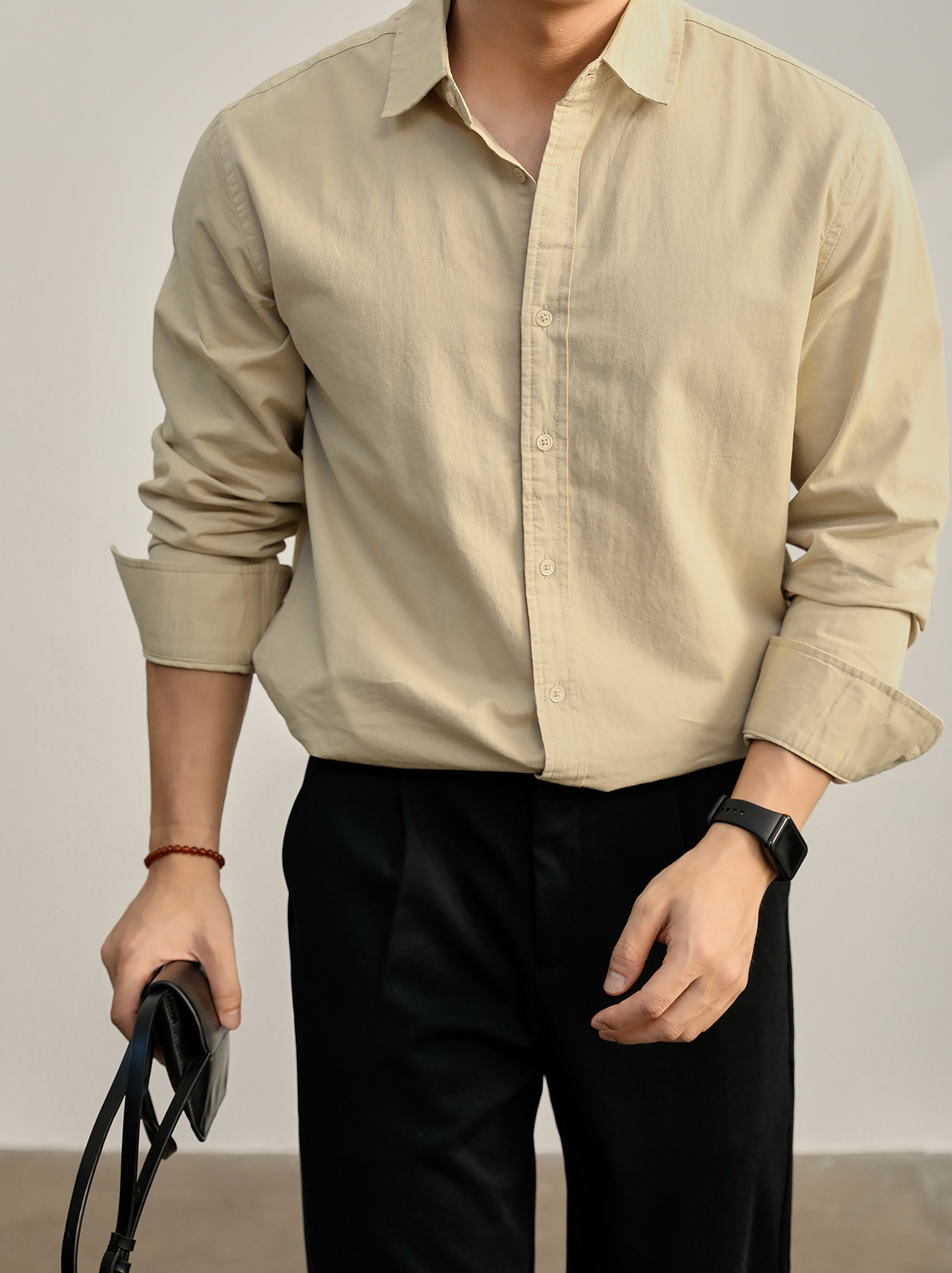 高端韓版100%純棉翻領襯衫男秋季純色時尚百搭長袖寸衣外套