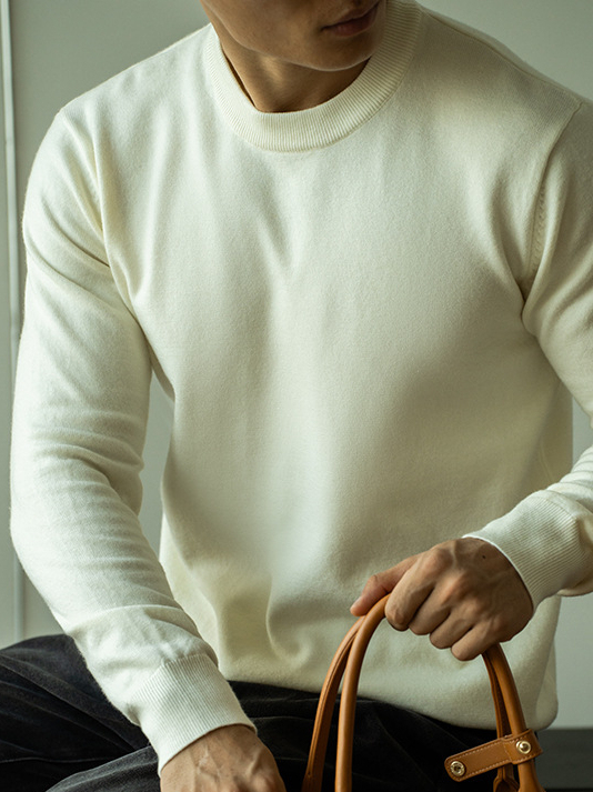 天絲羊毛純色針織衫秋冬新款圓領長袖毛衣男保暖內搭打底衫