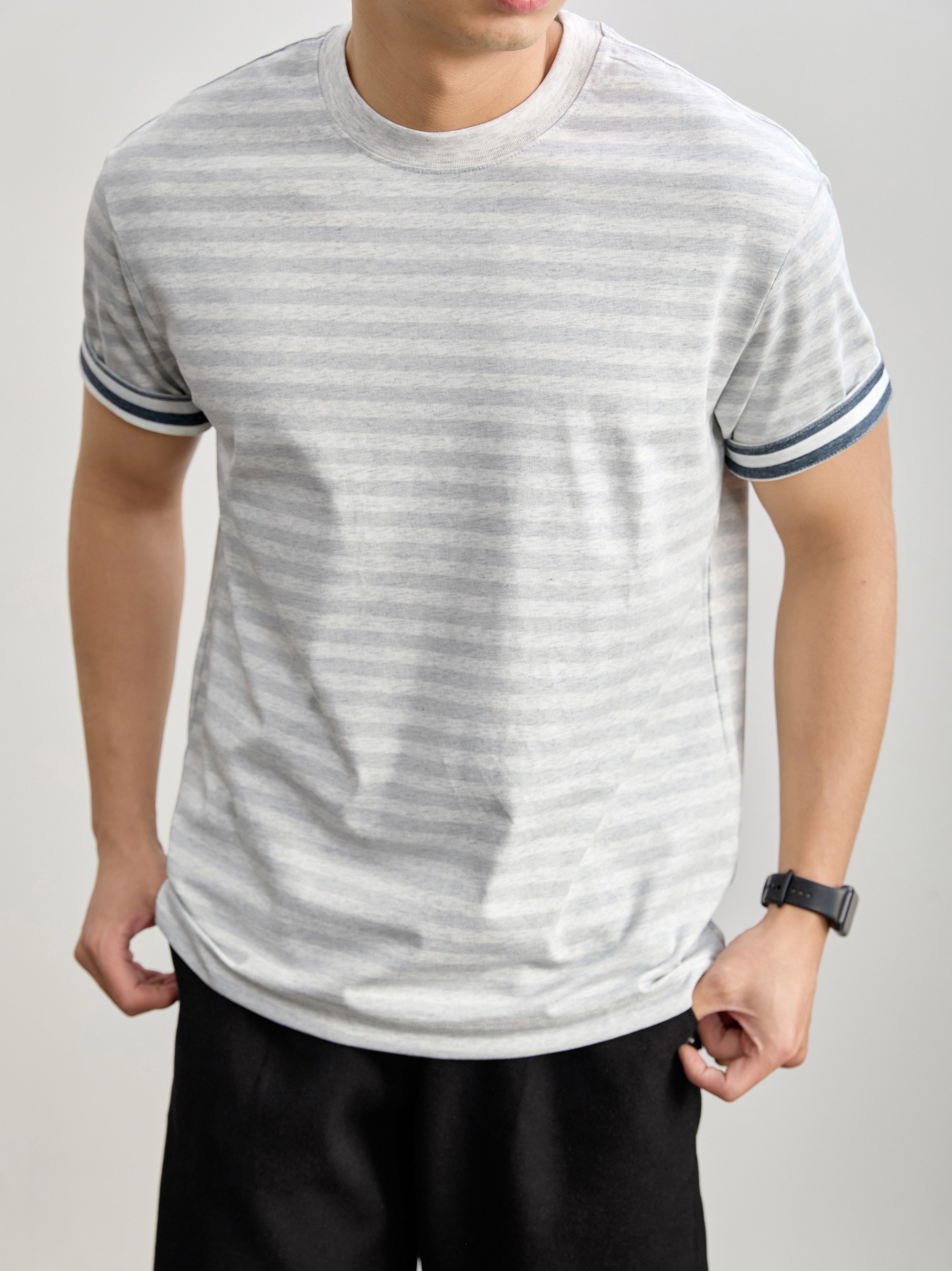 水洗棉混紡男士痞帥高級感短袖衫花灰色撞色條紋內裏上衣