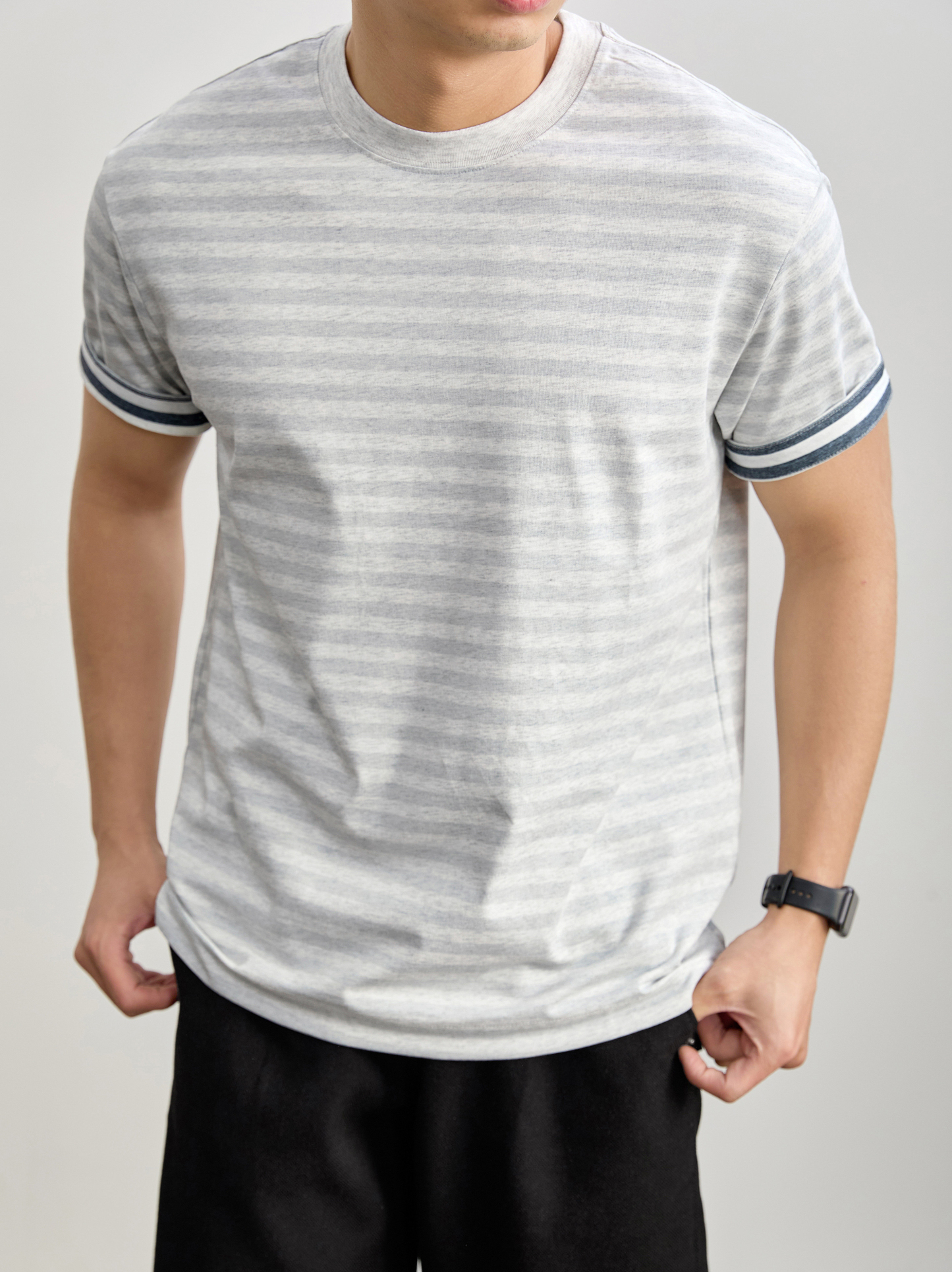 水洗棉混紡男士痞帥高級感短袖衫花灰色撞色條紋內裏上衣