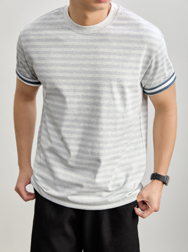 水洗棉混紡男士痞帥高級感短袖衫花灰色撞色條紋內裏上衣