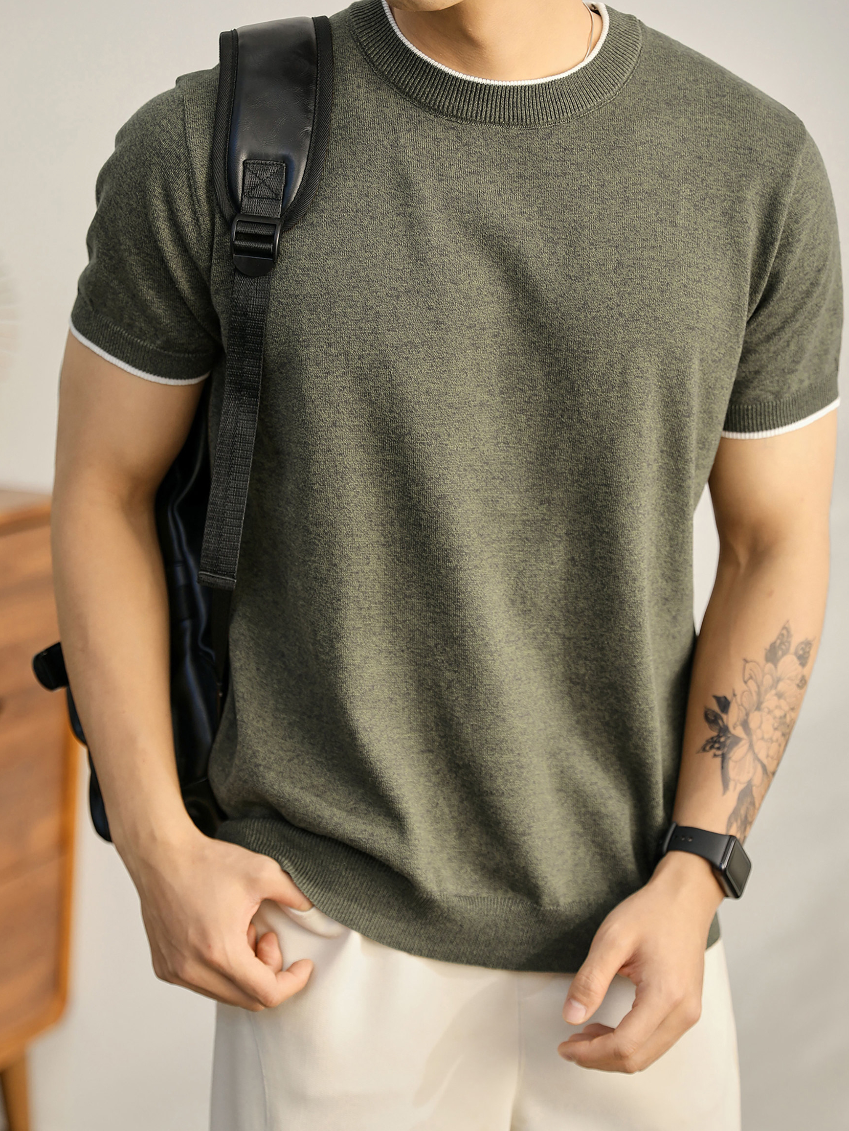 都市休閒圓領針織短袖男士簡約百搭上衣舒適親膚棉修身T恤