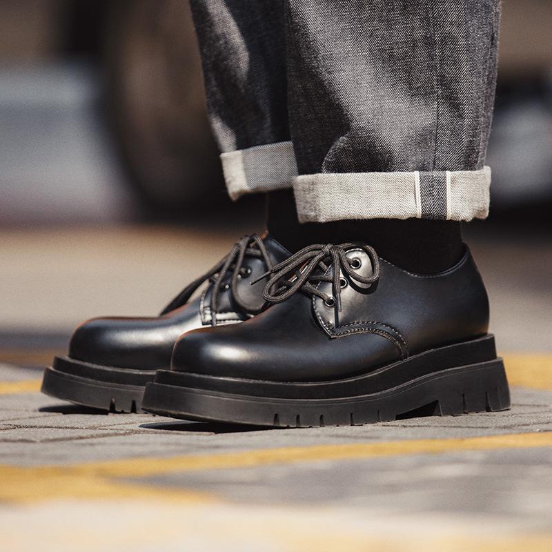 馬登德比鞋男春季低幫馬丁靴厚底黑色工裝鞋英倫休閑VIBE真皮鞋-Retro's Wear
