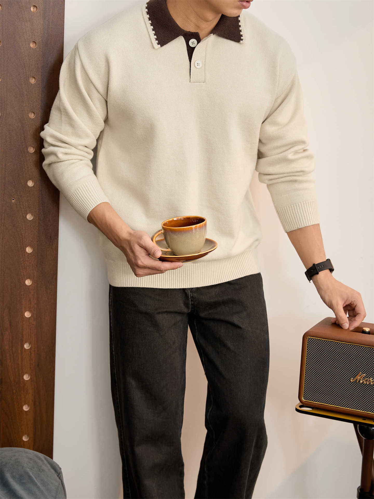 復古老錢風抗起球針織衫衛衣男士秋冬季撞色翻領長袖POLO衫