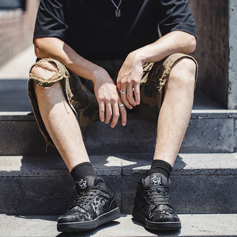 MRA絲綢高幫鞋男款2025新款夏季中幫厚底運動休閒板鞋刺繡小白鞋