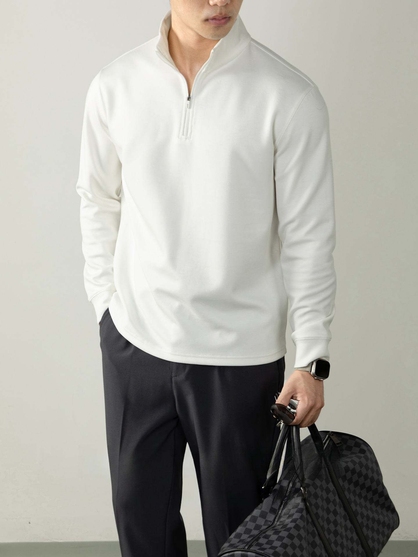 【親膚莫代爾】日系320G重磅半拉鍊立領衛衣男高端商務通勤慵懶風