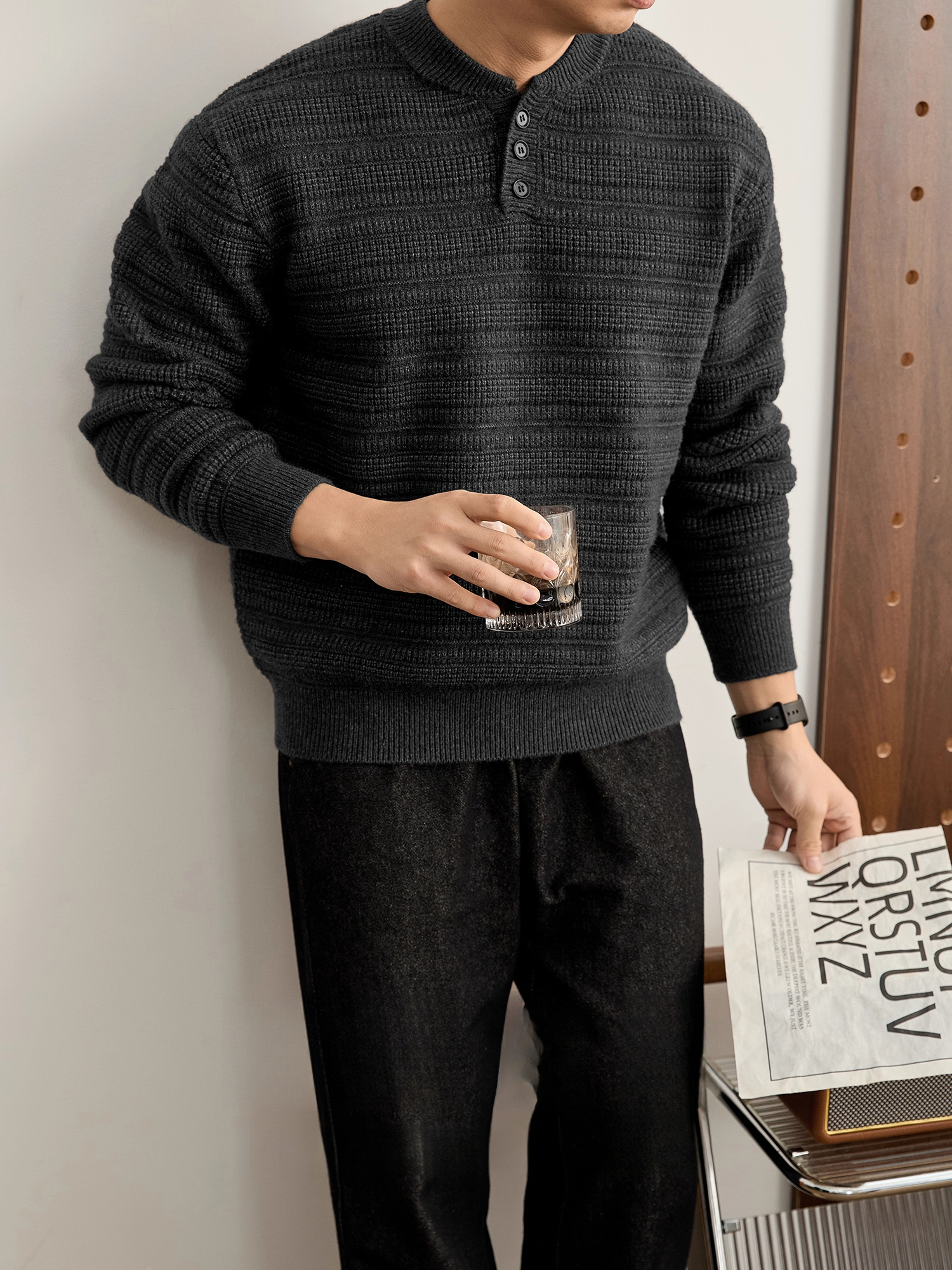 高克重男士肌理提花亨利領針織衫冬季加厚保暖純色毛衣