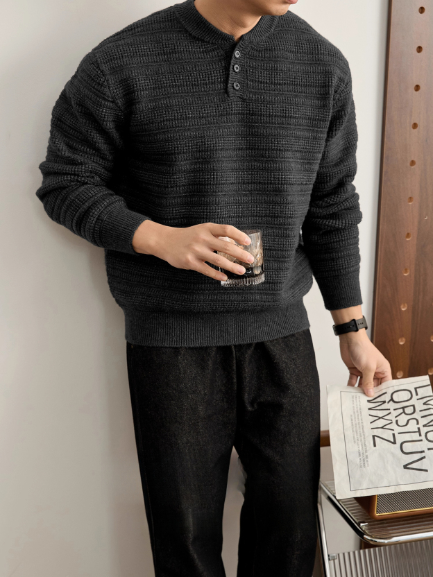 高克重男士肌理提花亨利領針織衫冬季加厚保暖純色毛衣