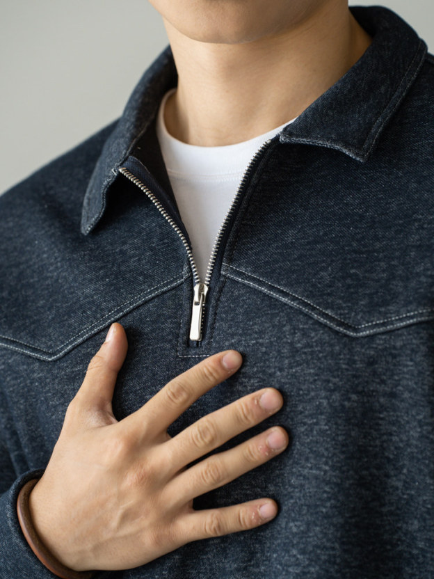 美式棉質雙色紗線撞色翻領衛衣男士仿牛仔保暖休閒新款上衣