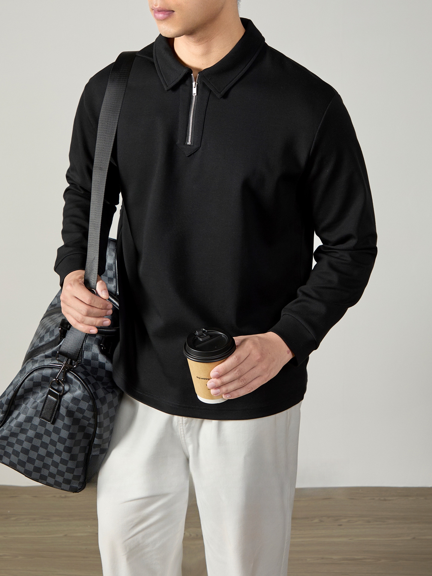 輕奢商務 重磅320G格紋棉感半拉鍊休閒衛衣男2026春秋翻領POLO衫