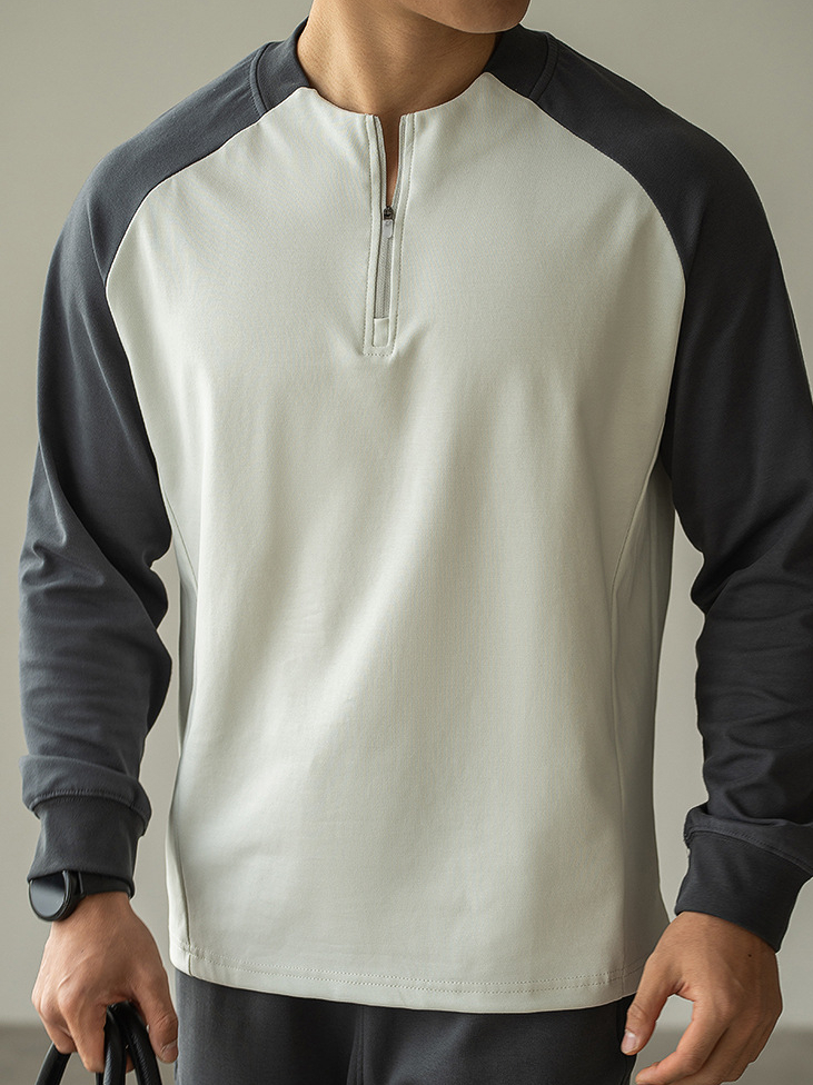 輕量化插肩袖撞色半拉鍊長袖T恤男新款春季速乾透氣運動騎行