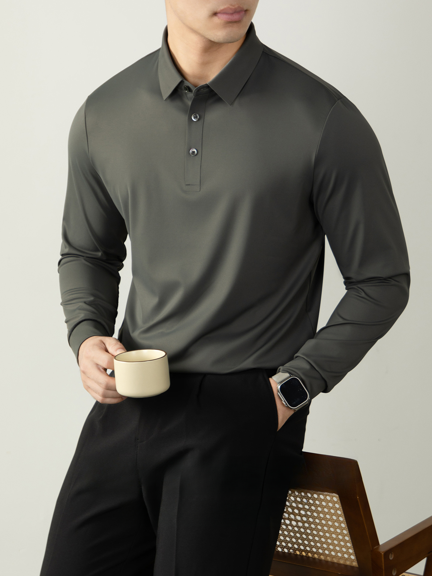 【高彈華夫格】輕奢免燙無痕男士長袖POLO衫2025秋冬商務通勤上衣