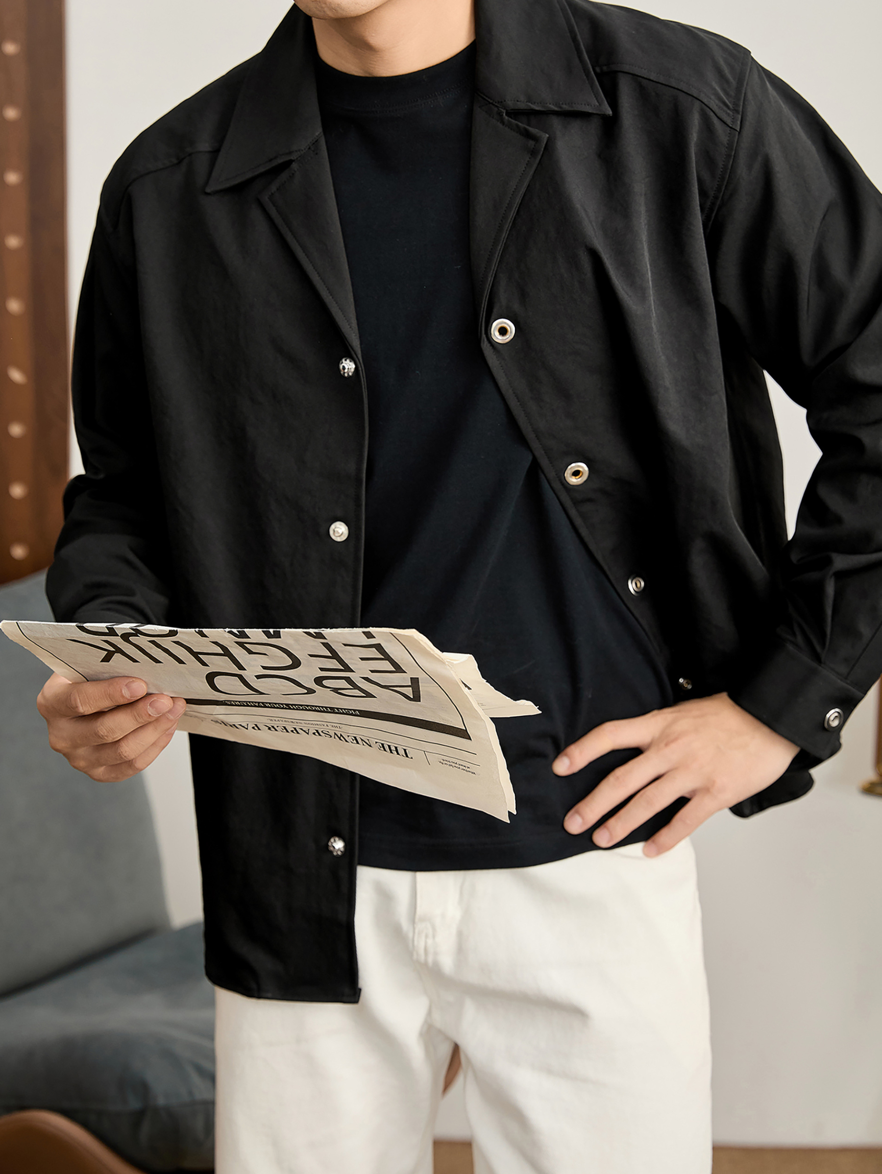 秋冬季男士防風保暖古巴領襯衫夾克簡約純色單排扣風衣外套