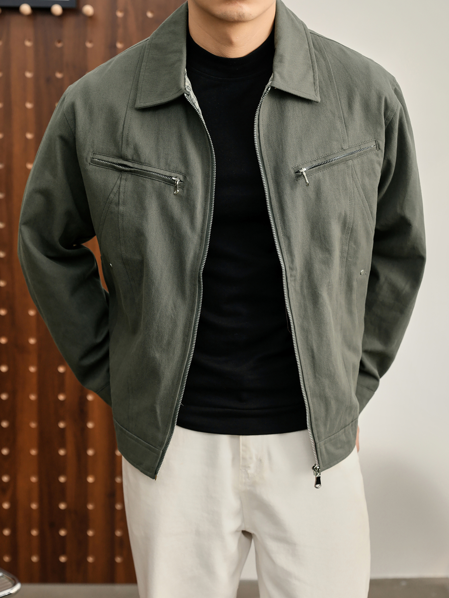 美拉德工裝哈靈頓短外套100%純棉復古拼接格紋帆布夾克男士