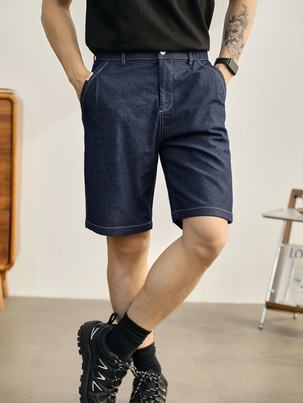 痞帥牛仔藍色直筒短褲男復古百搭立體休閒褲子半鬆緊腰中褲