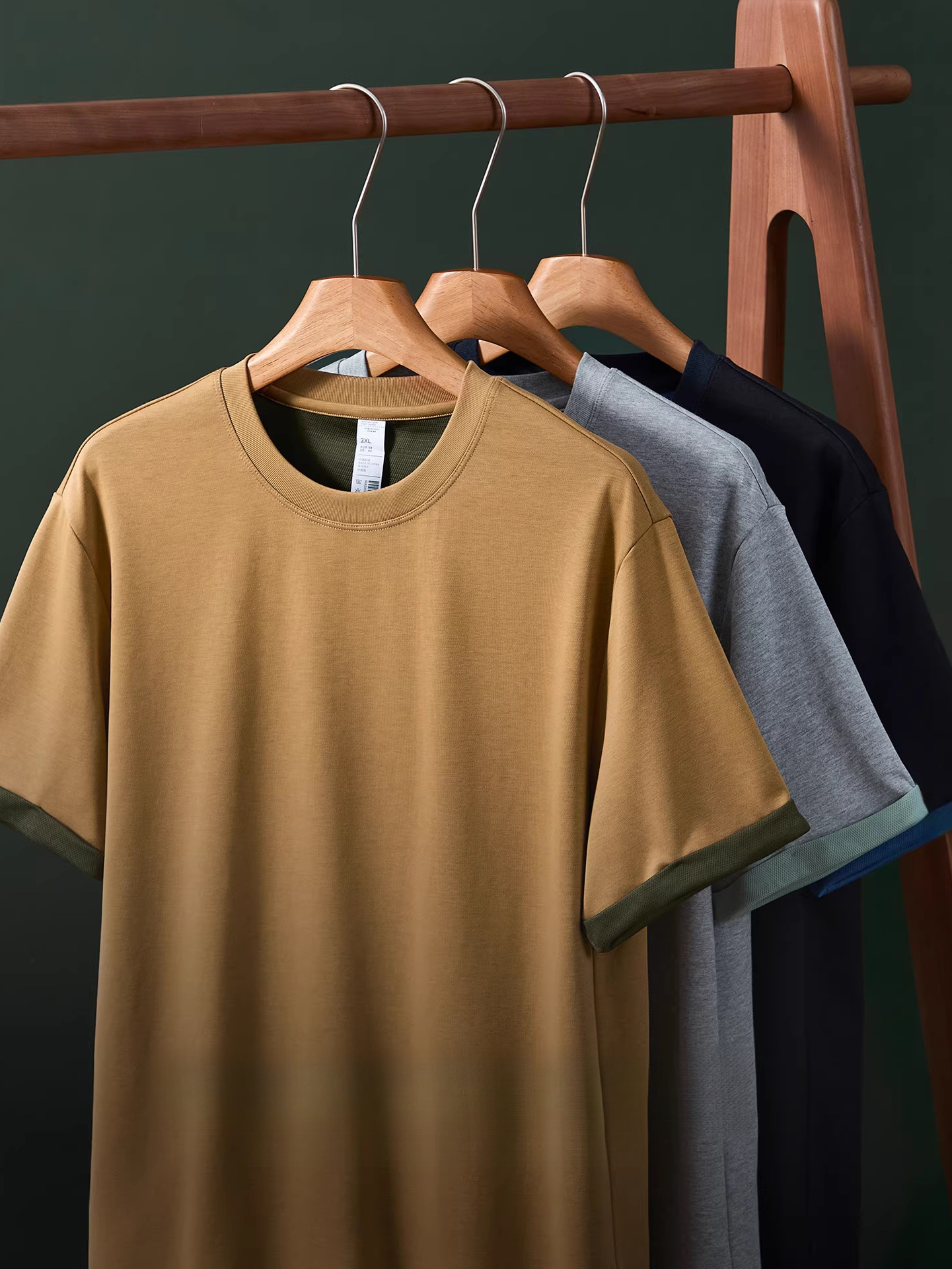 【高階復古】雙紗絲光棉撞色短袖T恤男260G重磅夏季涼感透氣速幹T恤