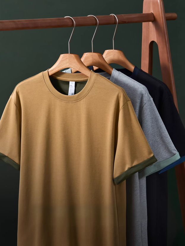 【高階復古】雙紗絲光棉撞色短袖T恤男260G重磅夏季涼感透氣速幹T恤