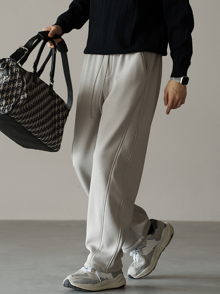 高彈空氣層復奧利絨彎刀褲男秋冬加絨加厚寬鬆直筒新款休閒褲