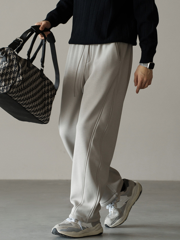 高彈空氣層復奧利絨彎刀褲男秋冬加絨加厚寬鬆直筒新款休閒褲