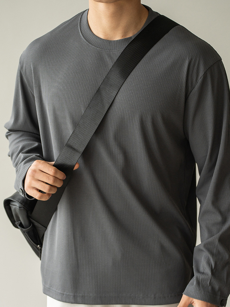 垂感肌理感條紋襯衫袖圓領長袖T恤男士春季新款休閒寬鬆打底