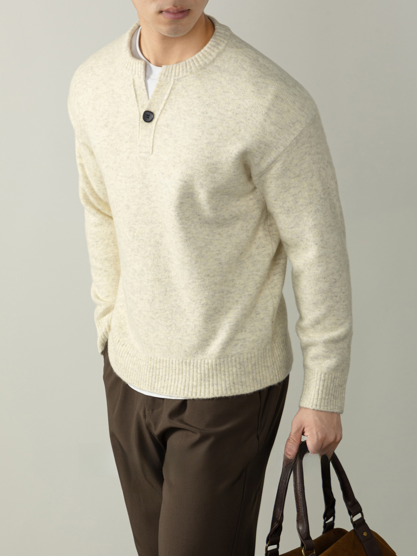 美式單扣亨利領毛衣男士休閒鬆弛感秋冬季保暖針織衫