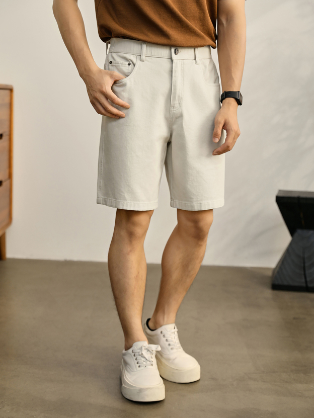 復古水洗純色直筒牛仔短褲男夏季舒適純棉時尚潮流工裝中褲