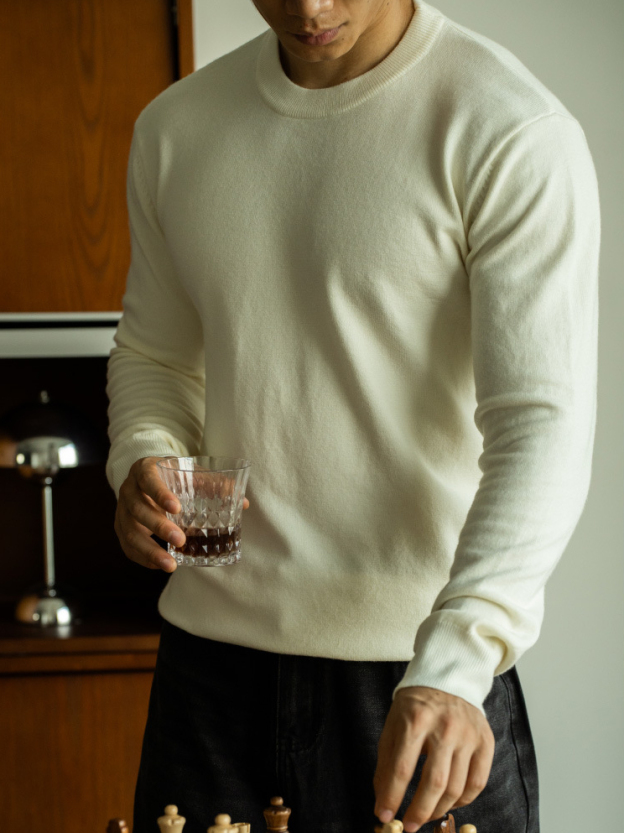 天絲羊毛純色針織衫秋冬新款圓領長袖毛衣男保暖內搭打底衫