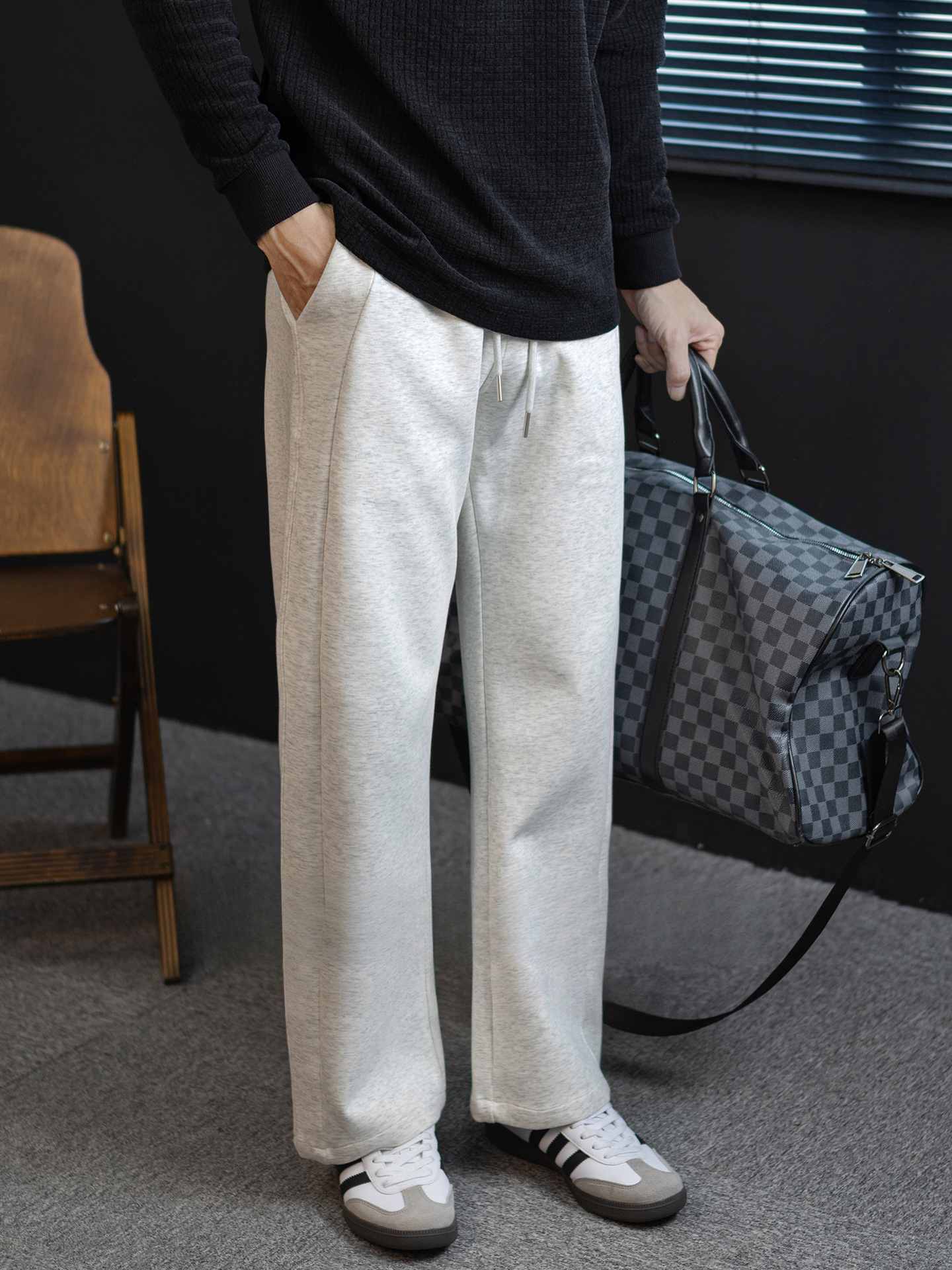 【鬆弛美學】時尚拼接加厚垂感繫繩長褲男微闊舒適休閒運動褲秋季