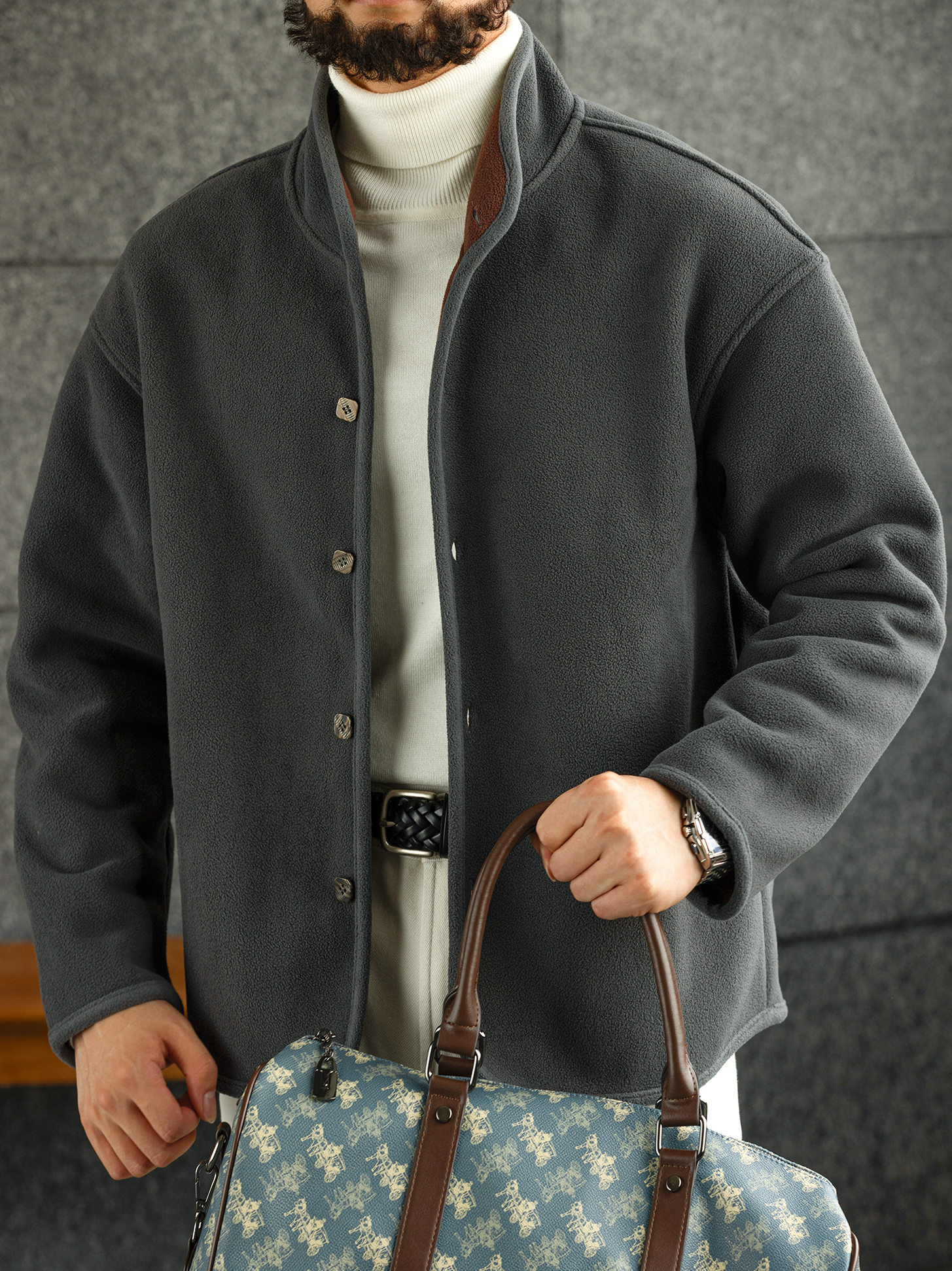 【雲暮暖絨】防風廓形立領搖粒絨夾克男秋冬內搭保暖外套