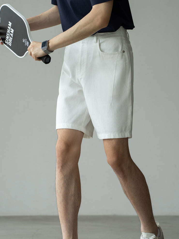 萊賽爾天絲棉斜紋肌理直筒五分褲男士2025夏休閒運動白色新款短褲