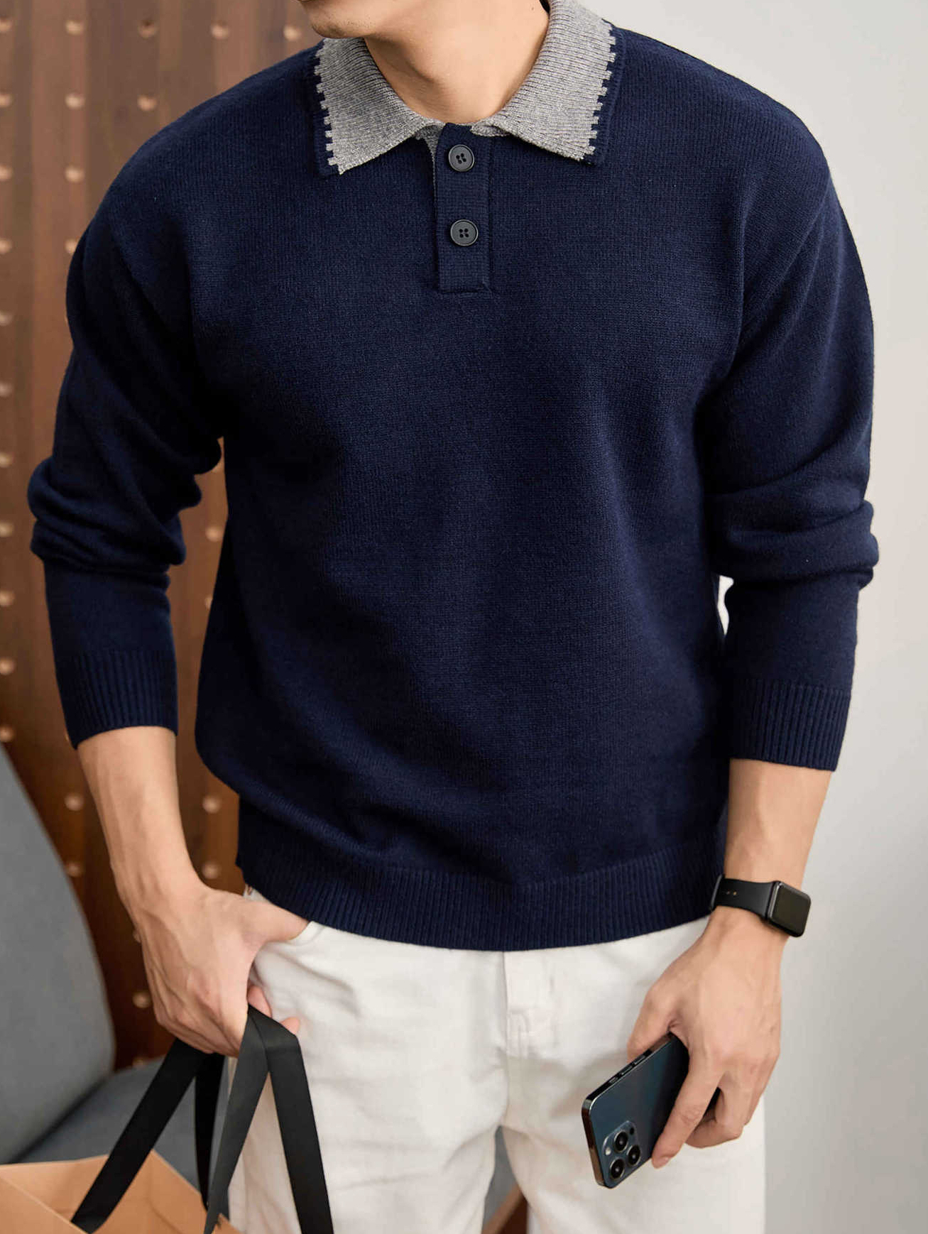 復古老錢風抗起球針織衫衛衣男士秋冬季撞色翻領長袖POLO衫