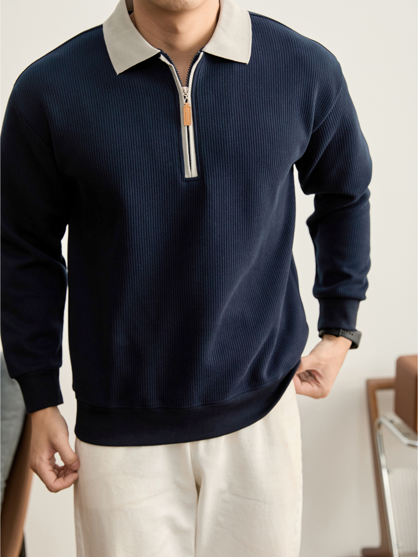  知識分子風男士半拉鍊撞色翻領針織POLO衫秋冬豎紋肌理上衣
