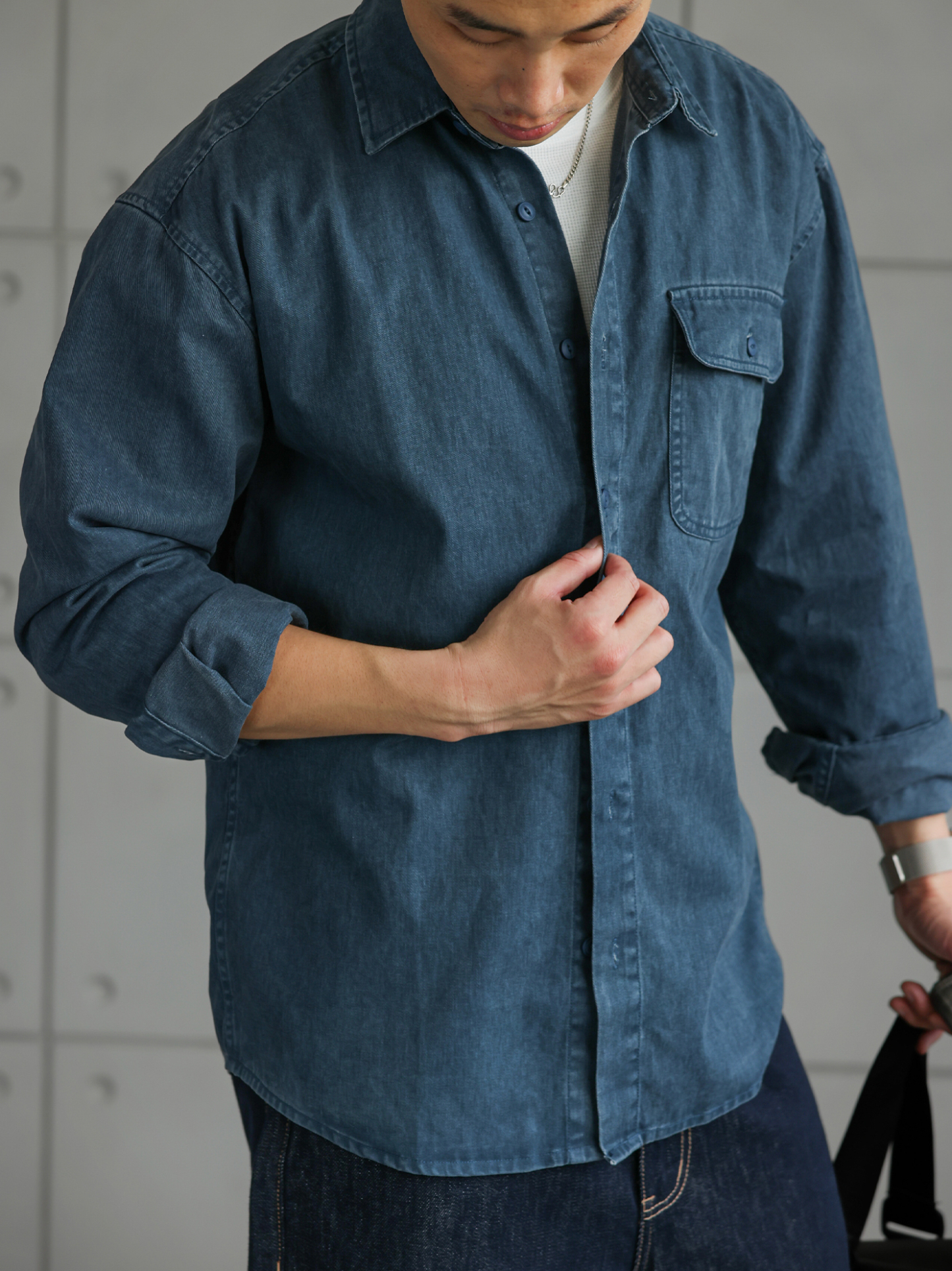 【多瑙河畔】法工藍仿牛仔不掉色襯衣男秋季輕熟紳士襯衫