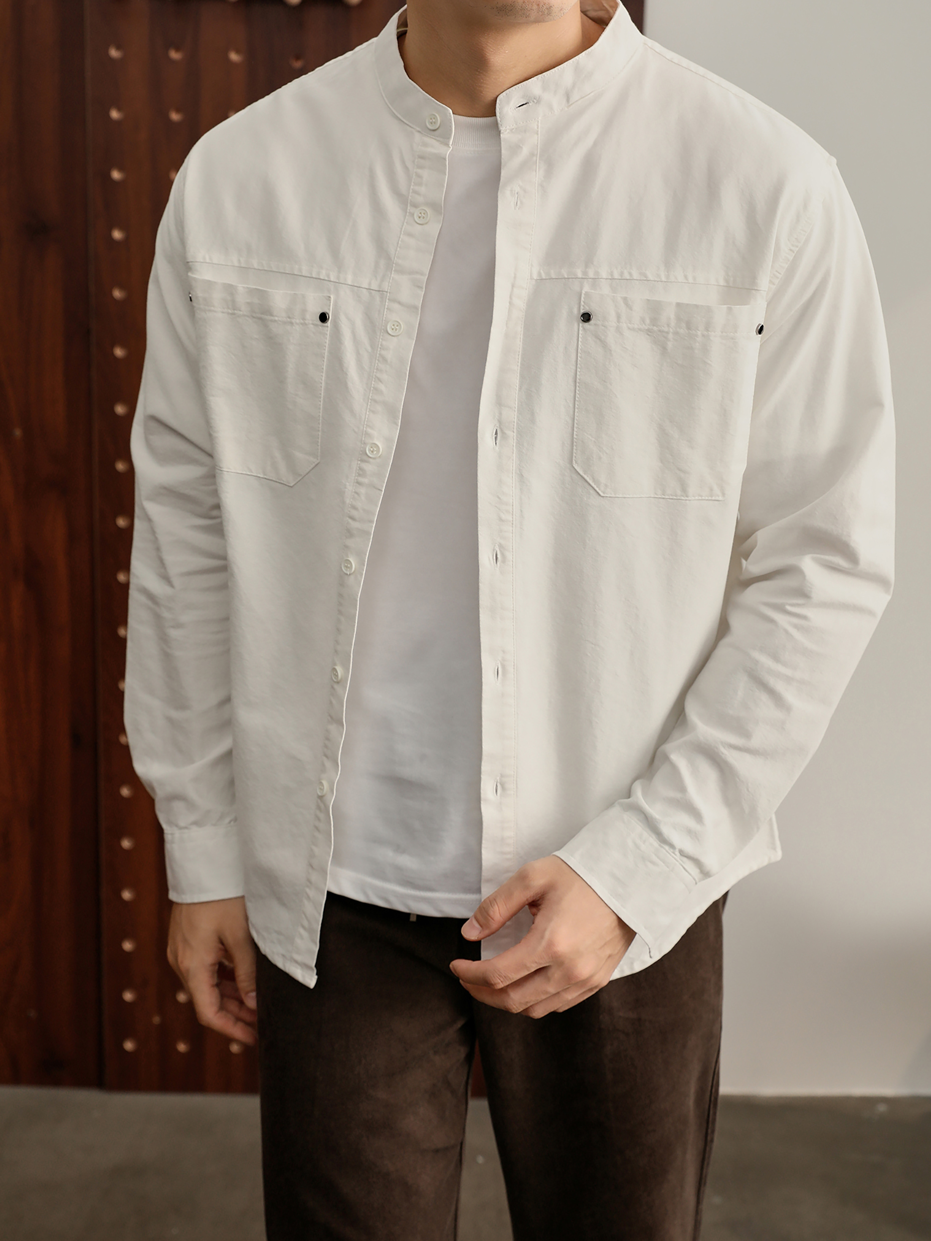 时尚潮奢立领长袖衬衫100%纯棉金属铆钉双口袋衬衣外套男款