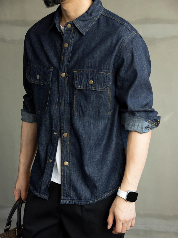 秋季新款原色水洗復古牛仔長袖襯衫男士寬鬆純棉高級簡約襯衣外套