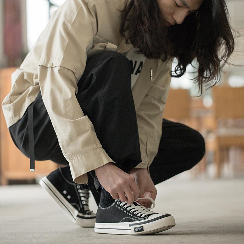 2023新款春季厚底帆布鞋男百搭休閑鞋潮流增高黑色低幫板鞋子-Retro's Wear