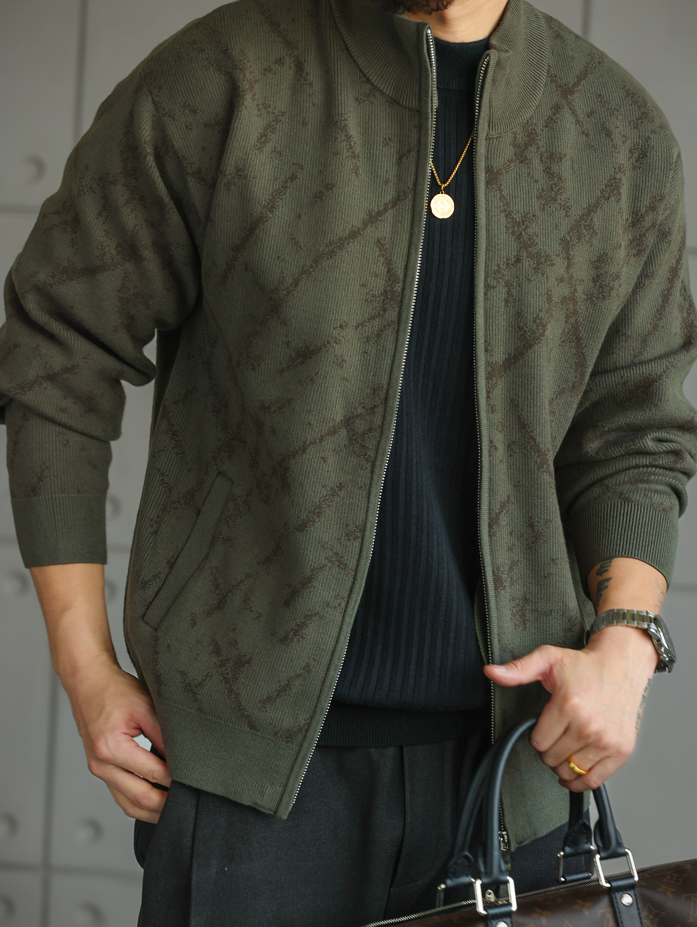 【智感鬆弛】精緻格調花紋針織開衫男士拉鍊外套立領毛衣