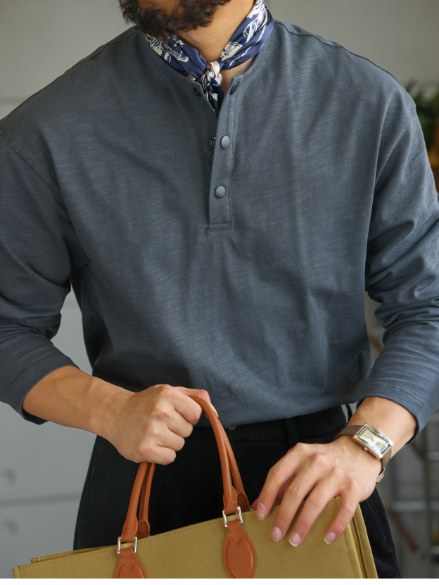 【绅士型格】舒适老钱亨利领长袖T恤男秋季竹节棉打底衫