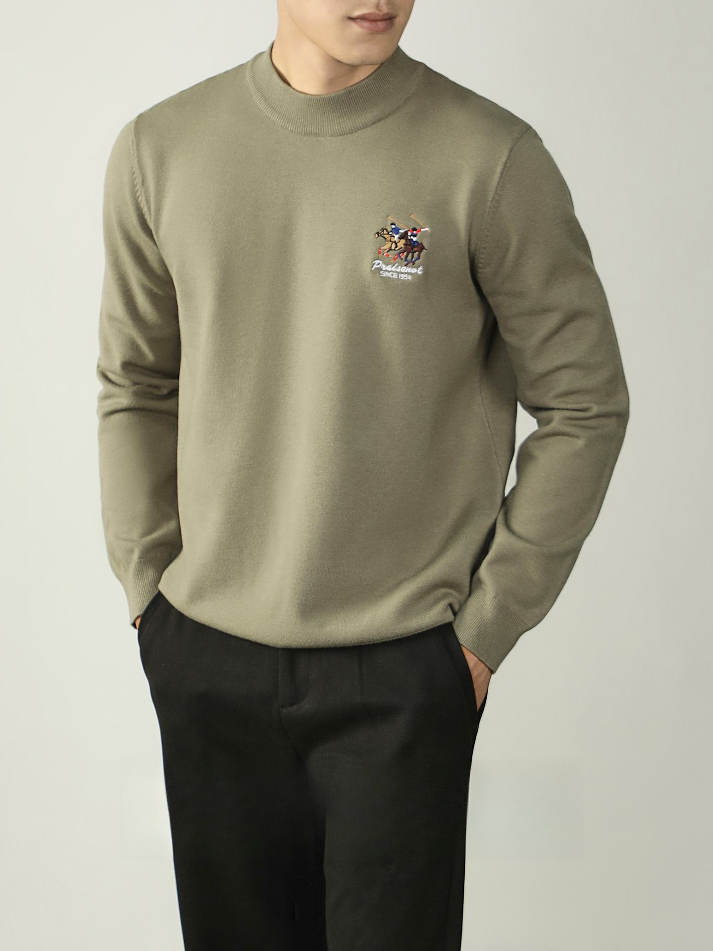 【羊毛莫代爾】馬球刺繡加厚毛衣男冬季保暖半高領舒適打底針織衫