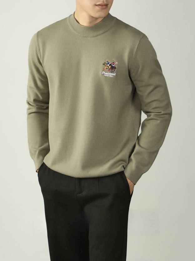 【羊毛莫代爾】馬球刺繡加厚毛衣男冬季保暖半高領舒適打底針織衫