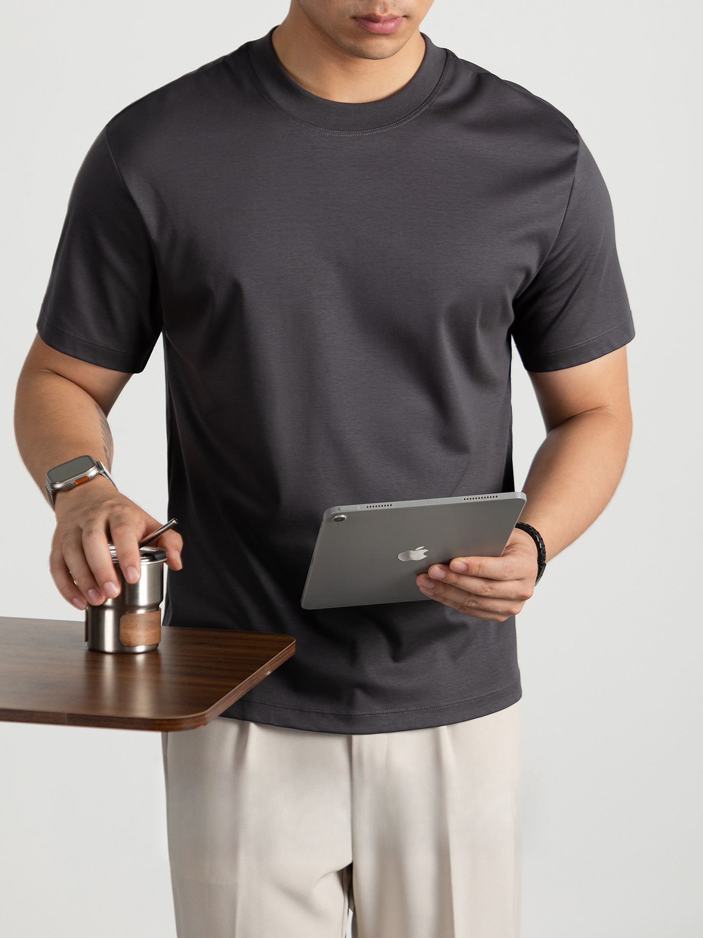 80S冷感液氨絲光棉短袖T恤男2025夏季輕奢淨版紫色涼感休閒上衣服