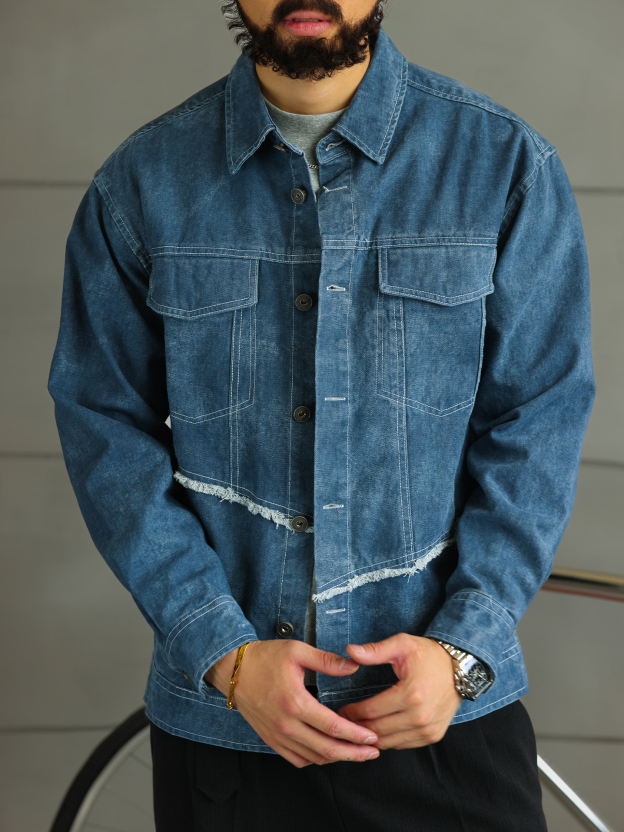 【大阪街頭】破邊拼接酵素水洗棉牛仔夾克男工裝外套上衣