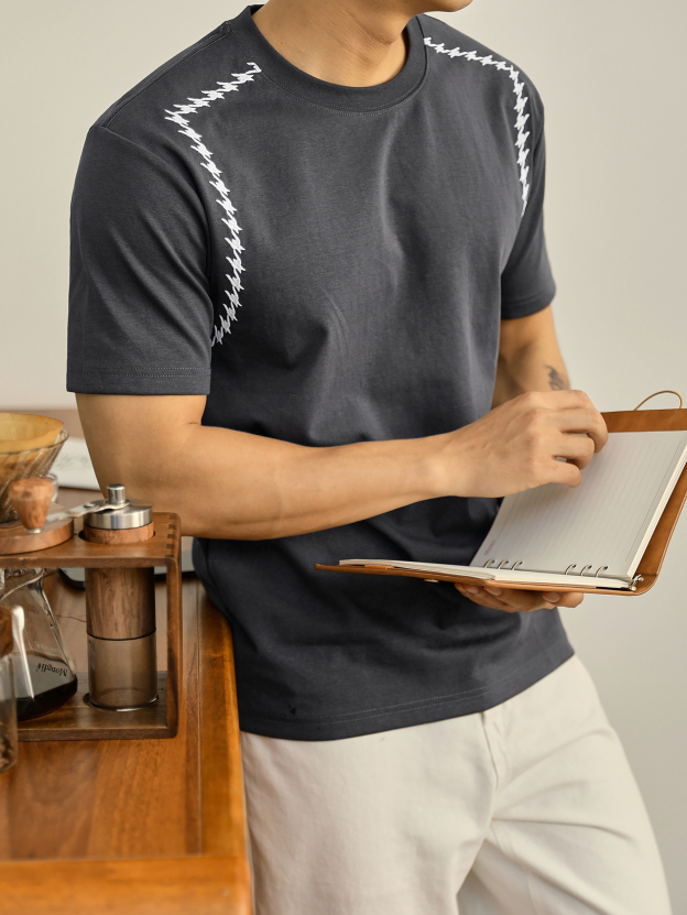 男夏季重磅冰感棉舒適圓領短袖時尚千鳥紋刺繡對稱分割線T恤