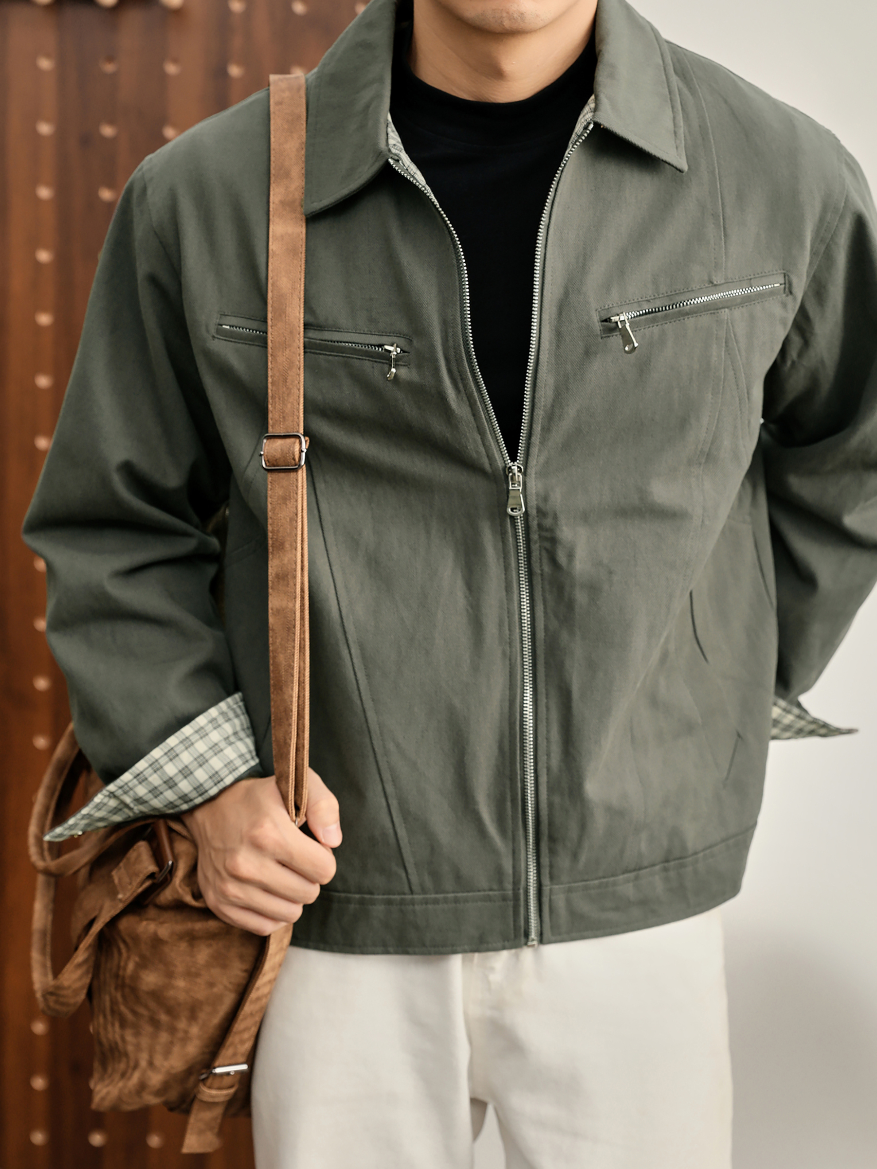 美拉德工裝哈靈頓短外套100%純棉復古拼接格紋帆布夾克男士