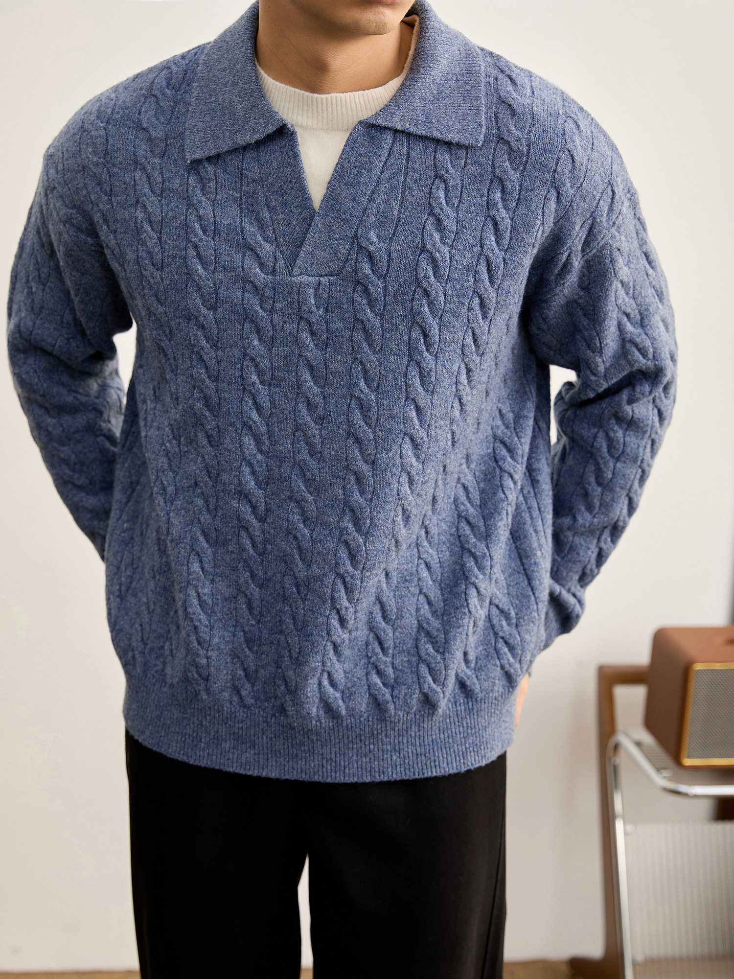 慵懶假兩件麻花肌理時尚設計感毛衣男冬季海鷗領翻領針織衫